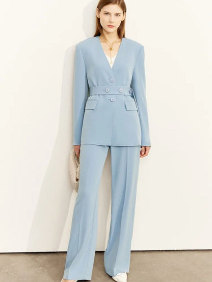 Elegant V-Neck Blazer & Wide-Leg Trouser Set for a Chic Look