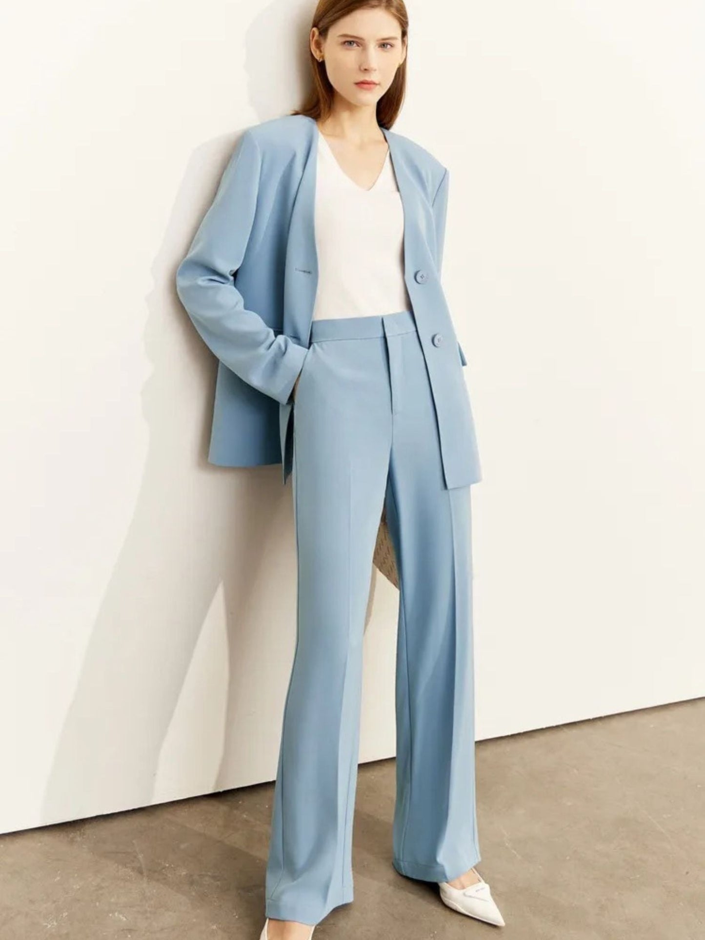 Elegant V-Neck Blazer & Wide-Leg Trouser Set for a Chic Look