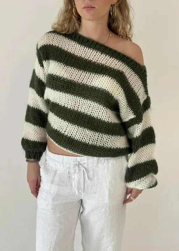 ELARA – Off-Shoulder Striped Knit Sweater | Cozy & Stylish Pullover