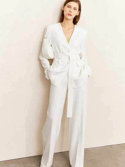 Elegant V-Neck Blazer & Wide-Leg Trouser Set for a Chic Look