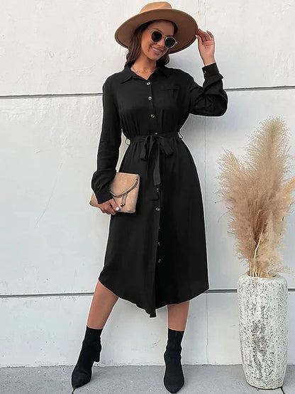 Sophisticated Midi Dress with Belt and Collared Design