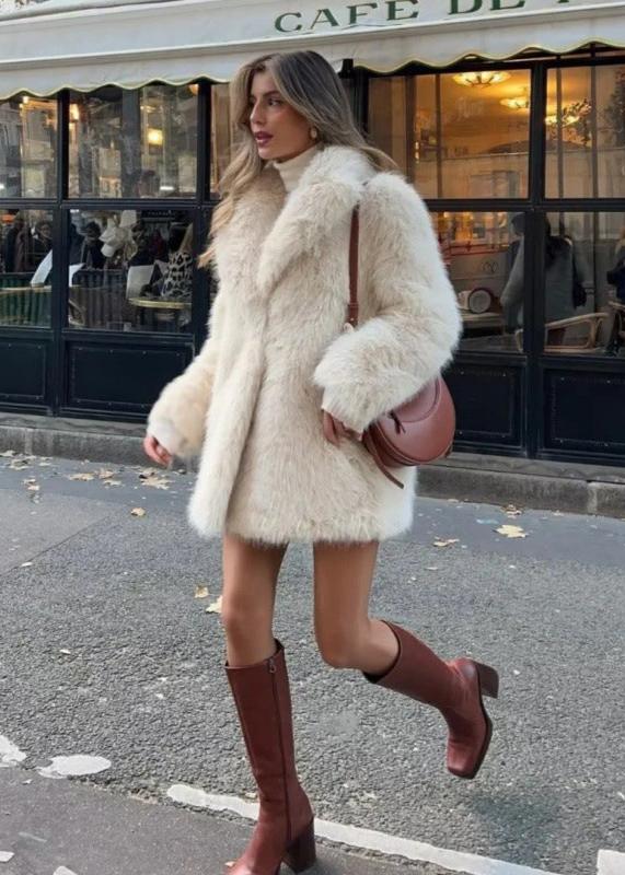 NOXARA - Elegant Ivory Faux Fur Coat for a Luxe Winter Look