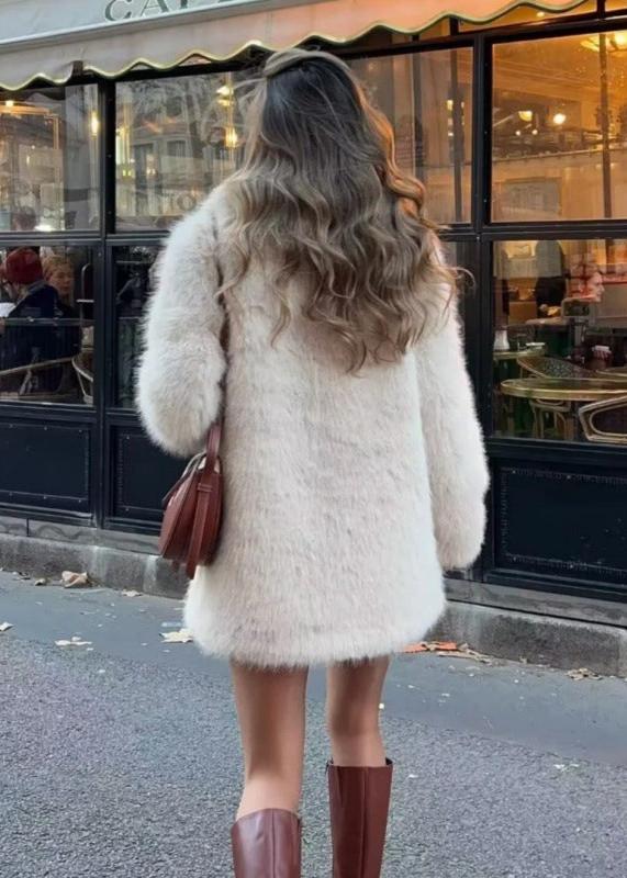 NOXARA - Elegant Ivory Faux Fur Coat for a Luxe Winter Look