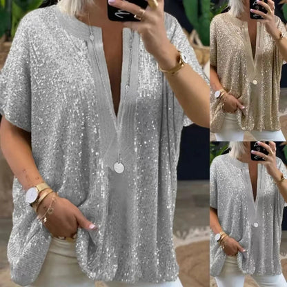 ELYSIA - Sequin Short Sleeve T-Shirt - V-Neck Sparkly Summer Top