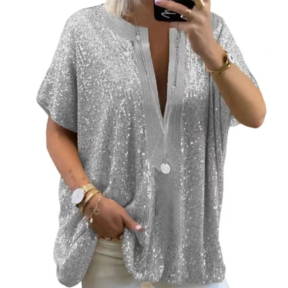 ELYSIA - Sequin Short Sleeve T-Shirt - V-Neck Sparkly Summer Top