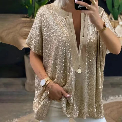 ELYSIA - Sequin Short Sleeve T-Shirt - V-Neck Sparkly Summer Top